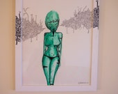 Painting of a green lady. Surreal, abstract, green, woman, female.