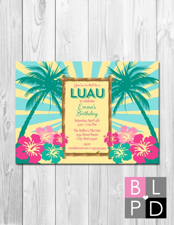 Luau Birthday Party Invitation - Palm Trees and Flowers - Pink Yellow Blue Teal - DIY - Printable Il_570xn