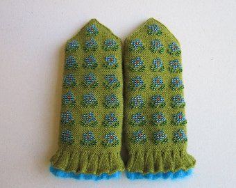 Hand Knitted Mittens Wool Mittens Green Mittens Double Mittens for Women Mittens With Beads