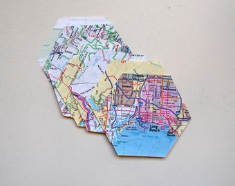 Vintage Hexagon Die Cuts from Map / Atlas Paper, Set of 10, Travel, Scrapbook, Paper Craft, Junk Journal
