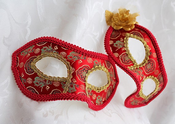 Matching Couples Red Satin Brocade Masquerade Ball Masks