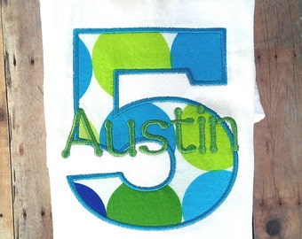 Personalized Fifth Birthday Shirt Multi Colored Blue and Green Polka Dots / Boys Birthday Shirt