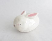 Ceramic slepping rabbit / animal sculpture (white) / home decoration