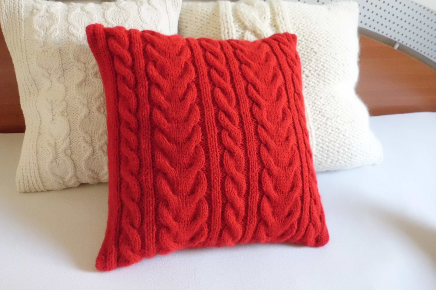 Pure Red Cable Knit Throw Pillow Hand Knit Pillow Cover Knit