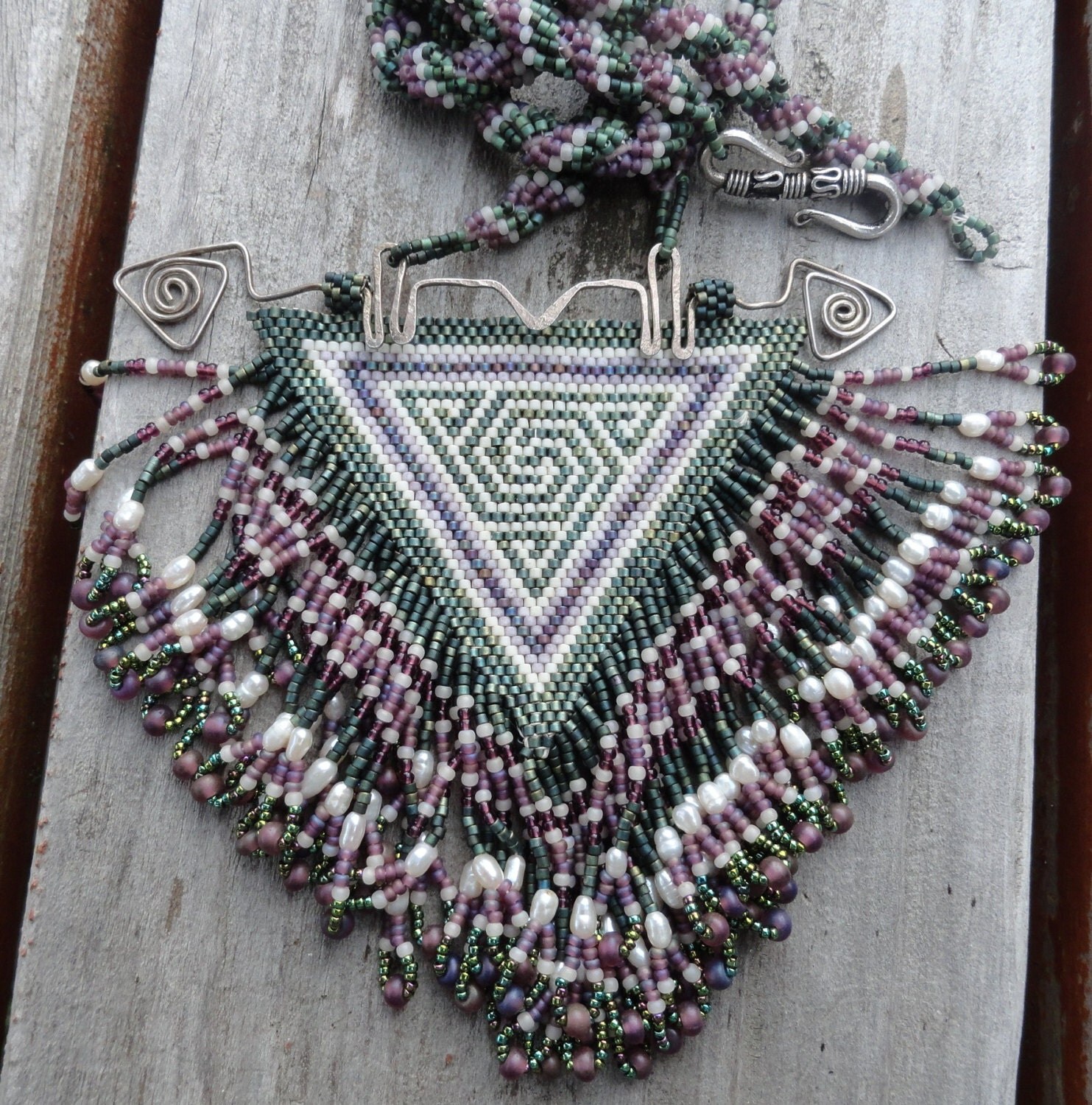 Peyote Beaded Celtic Knot in greens and purple seed beads and