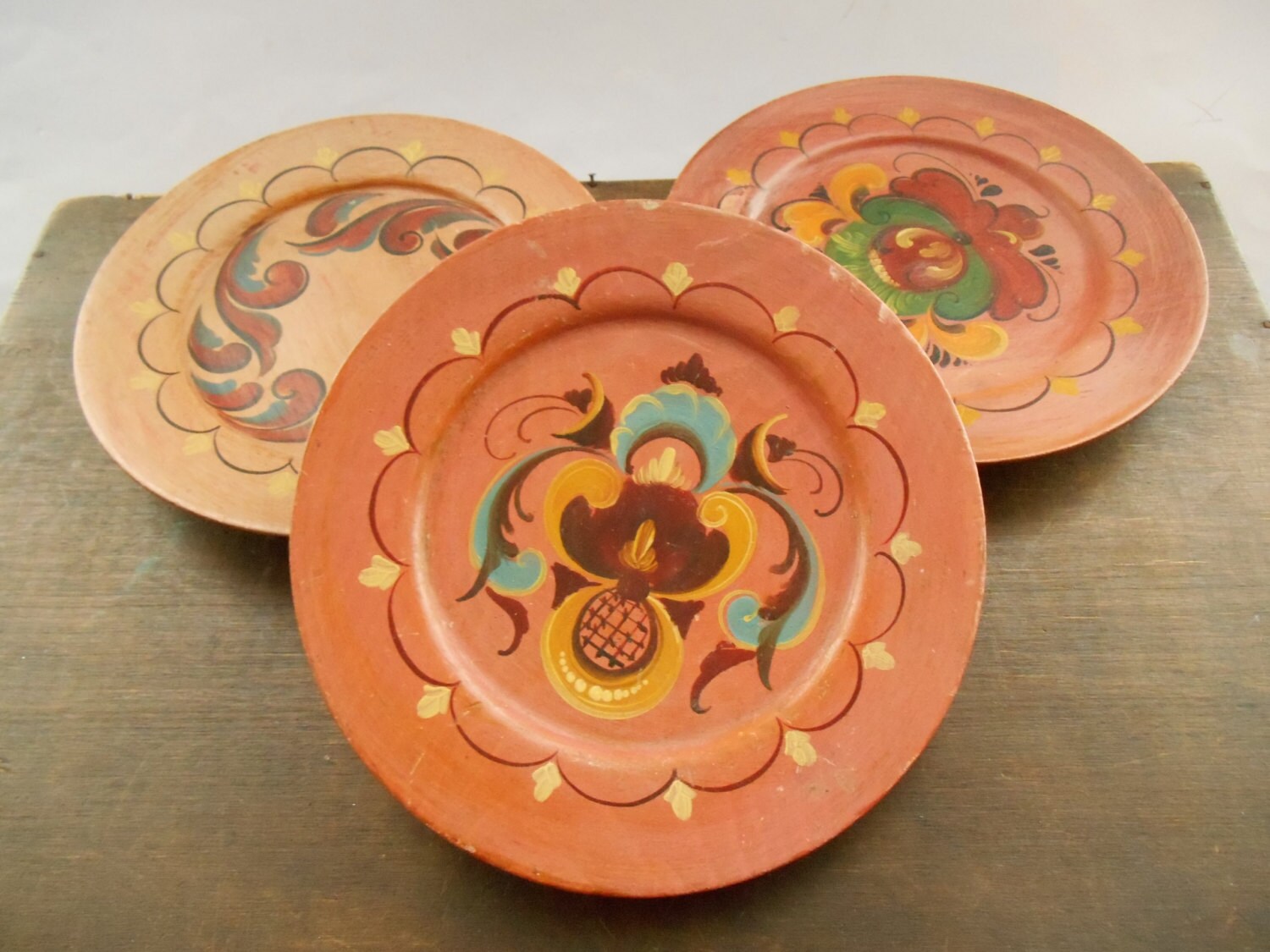 Vintage Swedish Handpainted Wooden Plate set of 3 Brown floral wood