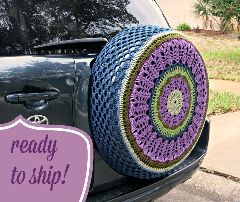 Purples Greens and Navy Blue Crocheted Spare Tire Cover