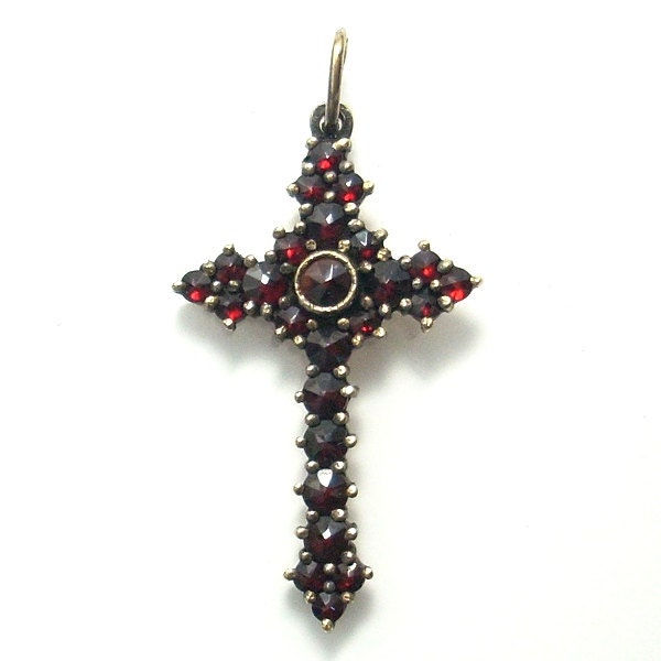 Vintage Czech Garnet Cross 900 Coin Silver With Rose Cut Red