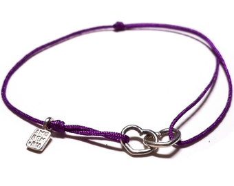Sterling Silver bracelet - Connected Hearts - Cord Bracelet with Two Linked Hearts charm, adjustable size
