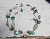 Peruvian Traveler. Faceted chunks of beautiful blue/green Peruvian opals separated by fine silver tubes and geometric "stones"