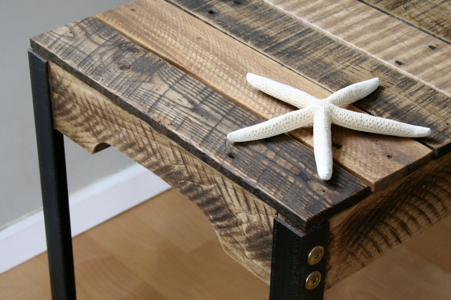 Rustic Reclaimed Wood Side Table with Iron Legs Dark Walnut