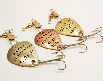Set of 3 - Custom Fishing Lures Handstamped Personalized Message Names Dates Initials, Fisherman Men Father Boyfriend Anniversary Gift