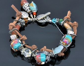 Lampwork Bead Bracelet -Artisan Handmade Boro Cube- Bali Silver -Shades of Turquise, Magenta & Purple