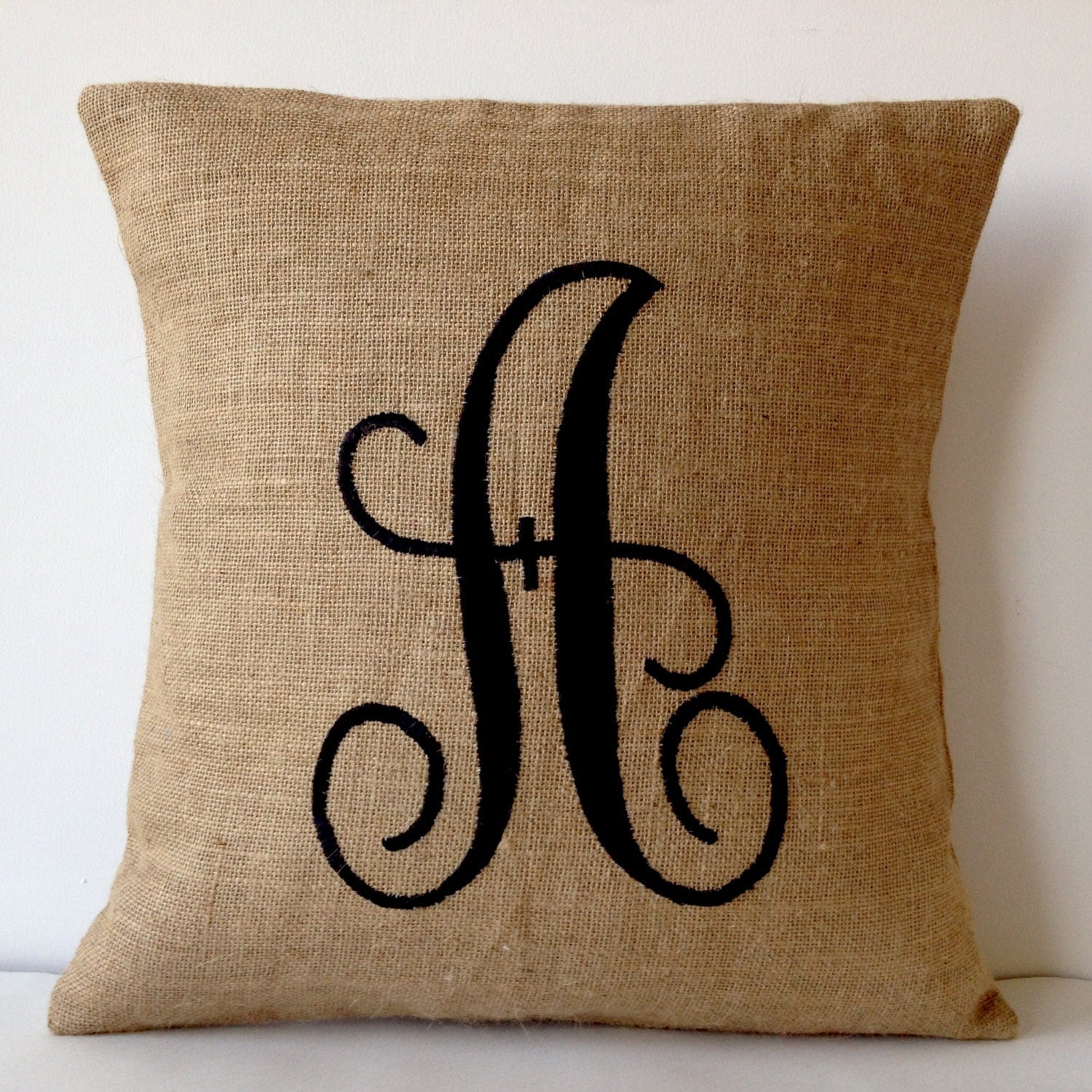 Monogram Pillow Natural Burlap Initial Pillow Embroidered