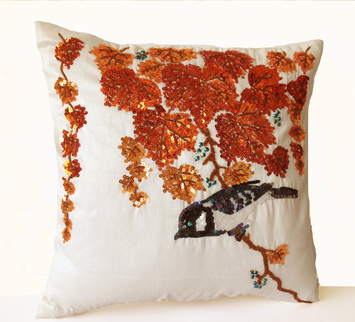 Ivory Silk Throw Pillow Cover Decorative Pillow Bird Pillow