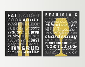 Kitchen Decor - Kitchen Signs Set - Dining Room Wall Art - Subway Art Prints Wall Decor - Fork Knife - Wine Glass