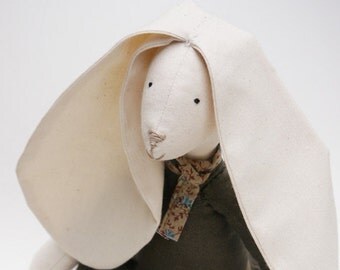 Linen Bunny Rabbit Doll in Upcycled Moss Green Linen and Calico Called Lulu Modern Girls Nursery Soft Sculpture Personalised Toy UK Seller