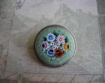 Broche épingle Micro-mosaïque Octogonale Fleurie Noir Rouge Jaune Vert - Italie - Occasion