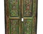 Rajasthani Green Almirah Armoire Media Cabinet - hand Carved antique Furniture vintage indian