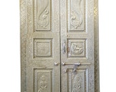 Carved vintage Doors India white metal cladded peacocks sun deer - antique Architectural door panels