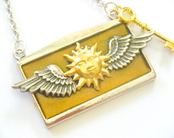 OOAK Sun Wings Steampunk Statement Necklace Pendant Celestial Gold Key Silver Copper Recycled Paper Repurposed Material Upcycled Jewelry Art