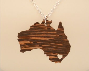 Wooden Australia Necklace, Custom Made Aussie Jewelry, Long Distance Relationship Going Away Gift, LDR Necklace, Personalized Jewelry