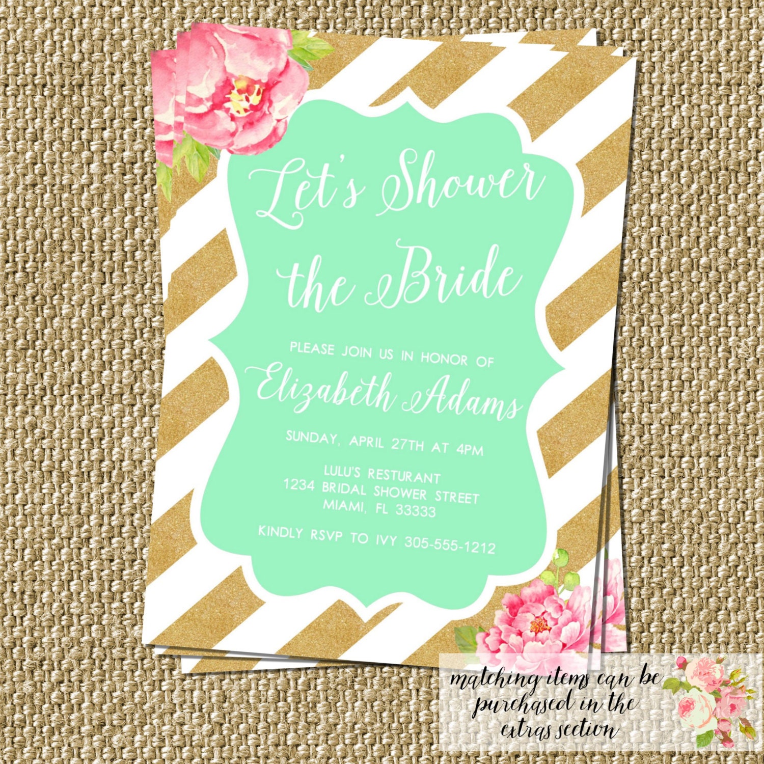 Peony Mint White Gold Bridal Shower Invitation Modern Chic