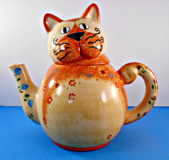 Ceramic Cat Tea Pot Floral Design Colorful Kitty Full Size