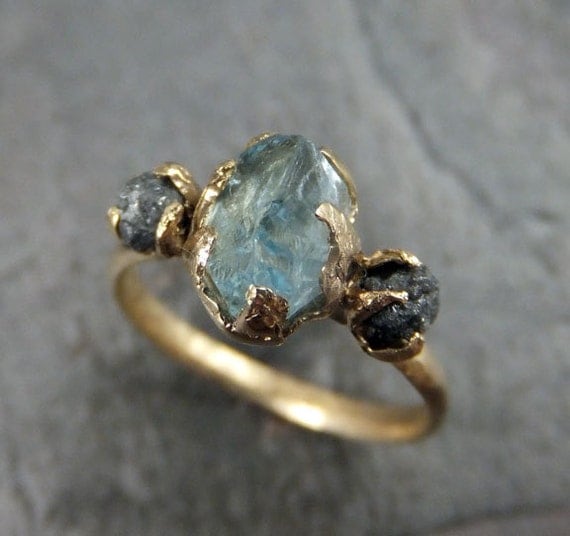 Raw Uncut Aquamarine Diamond Gold Engagement Ring Wedding Ring