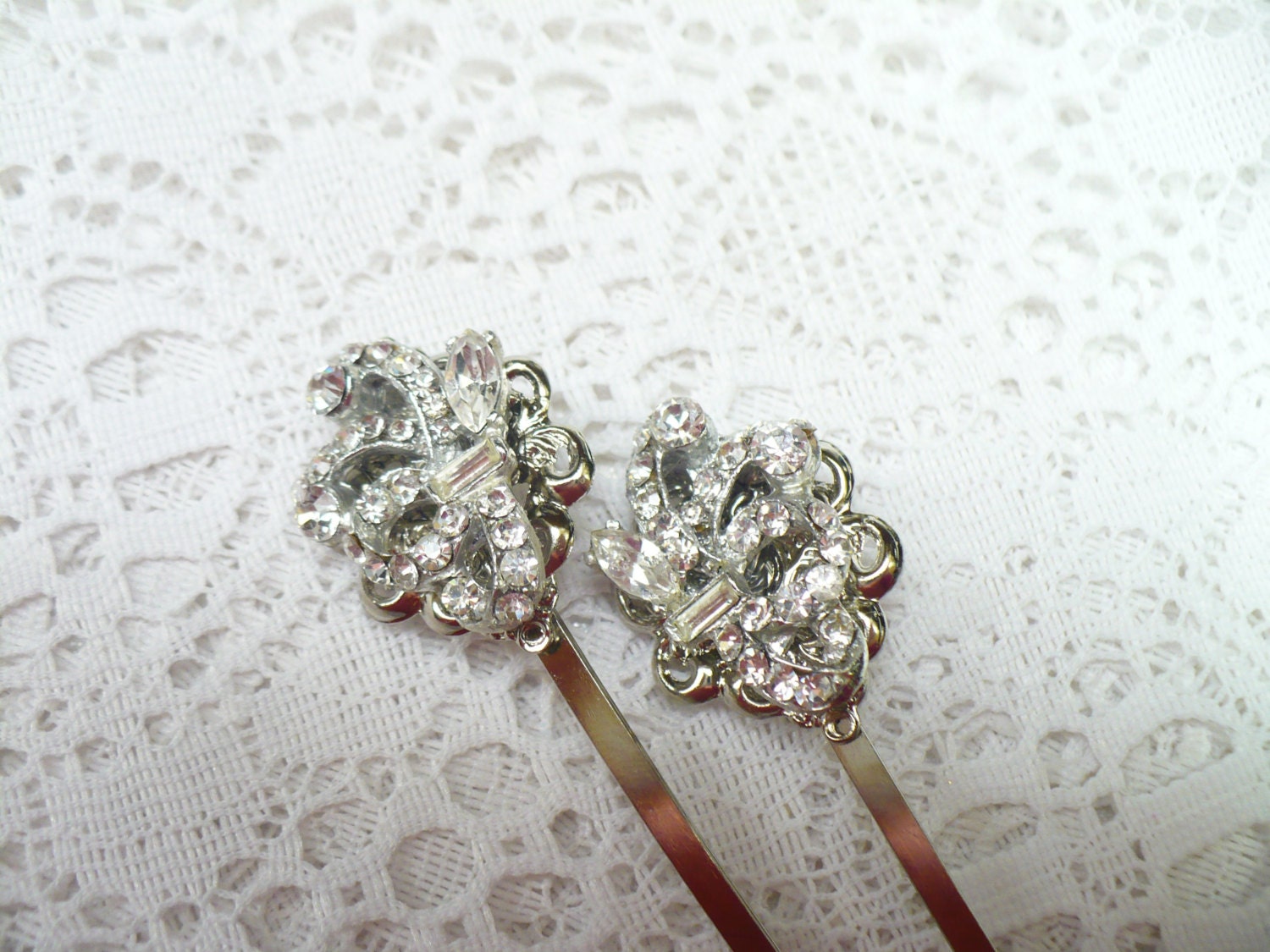 Set of 2 Vintage RHINESTONE Bobby Pins silver tone