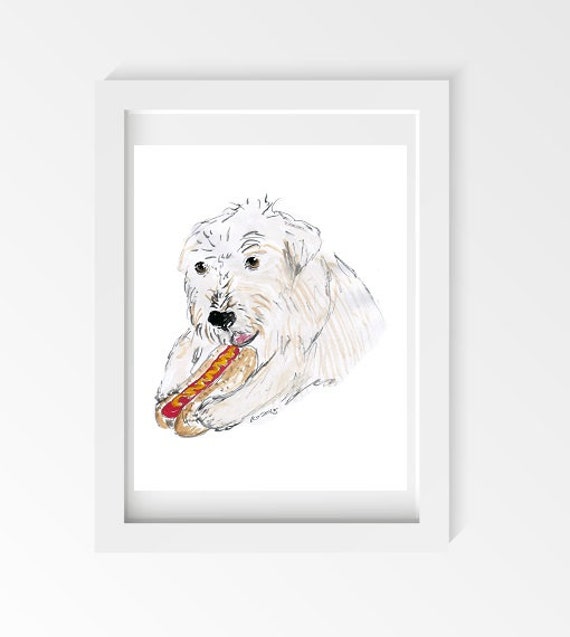 SALE Dog Eating Hot Dog, Art Print Watercolor Painting, Art Print