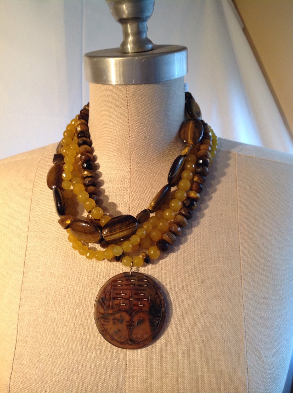 Tiger Eye and Yellow Chinese Jade 4strand Necklace with Carved