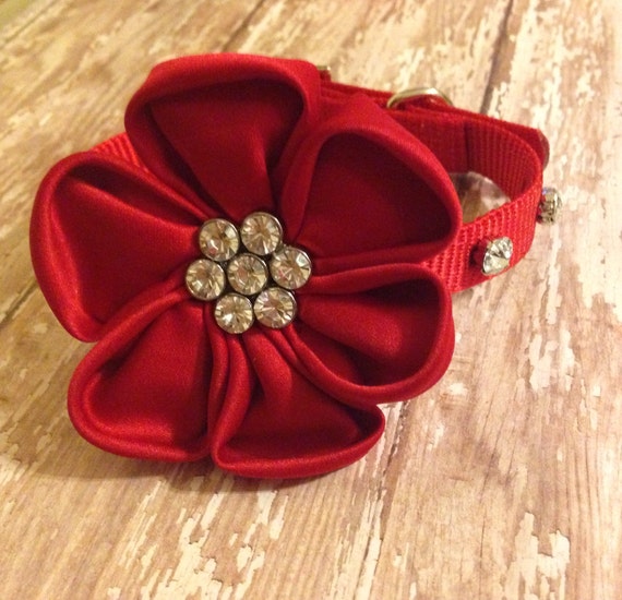 Red flower dog collar by on Etsy