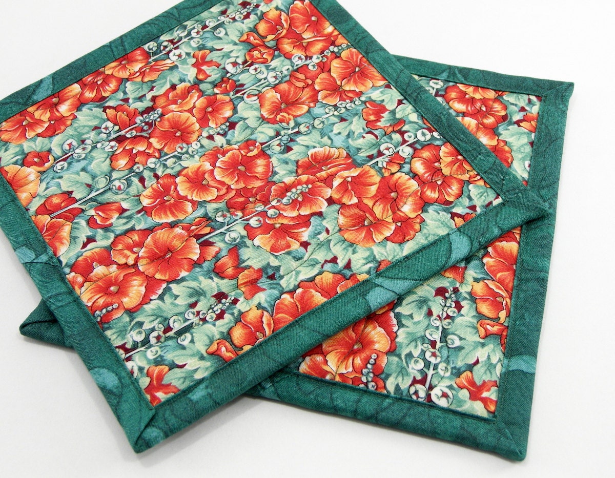 Quilted Flower Pot Holders Cotton Hot Pads Coral by HotPotHolder