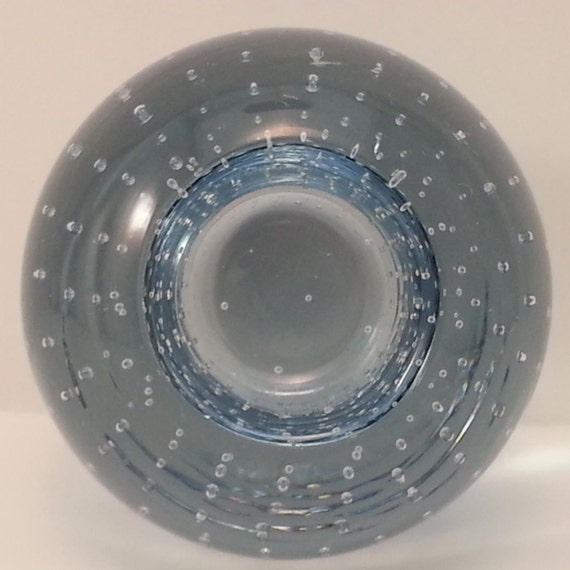 Controlled Bubble Art Glass Ball Candle Holder Pale Blue Mid
