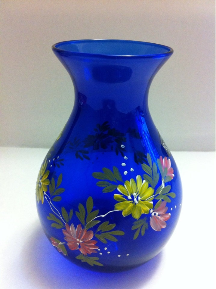 Vintage Collectible Cobalt Blue Glass Vase Hand Painted