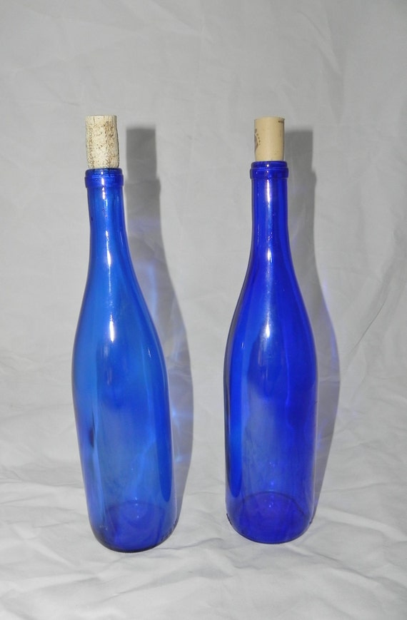 TWO Cobalt Blue Wine Bottles Corked Bottle Tree Decor