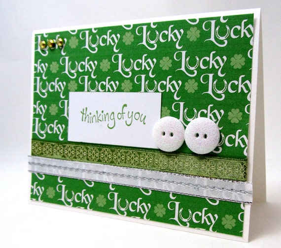 St. Patrick's Day Card - Thinking of You - Lucky - St. Patrick's Day - Green and White - Gold Accents - Blank Card - Sparkling Accents