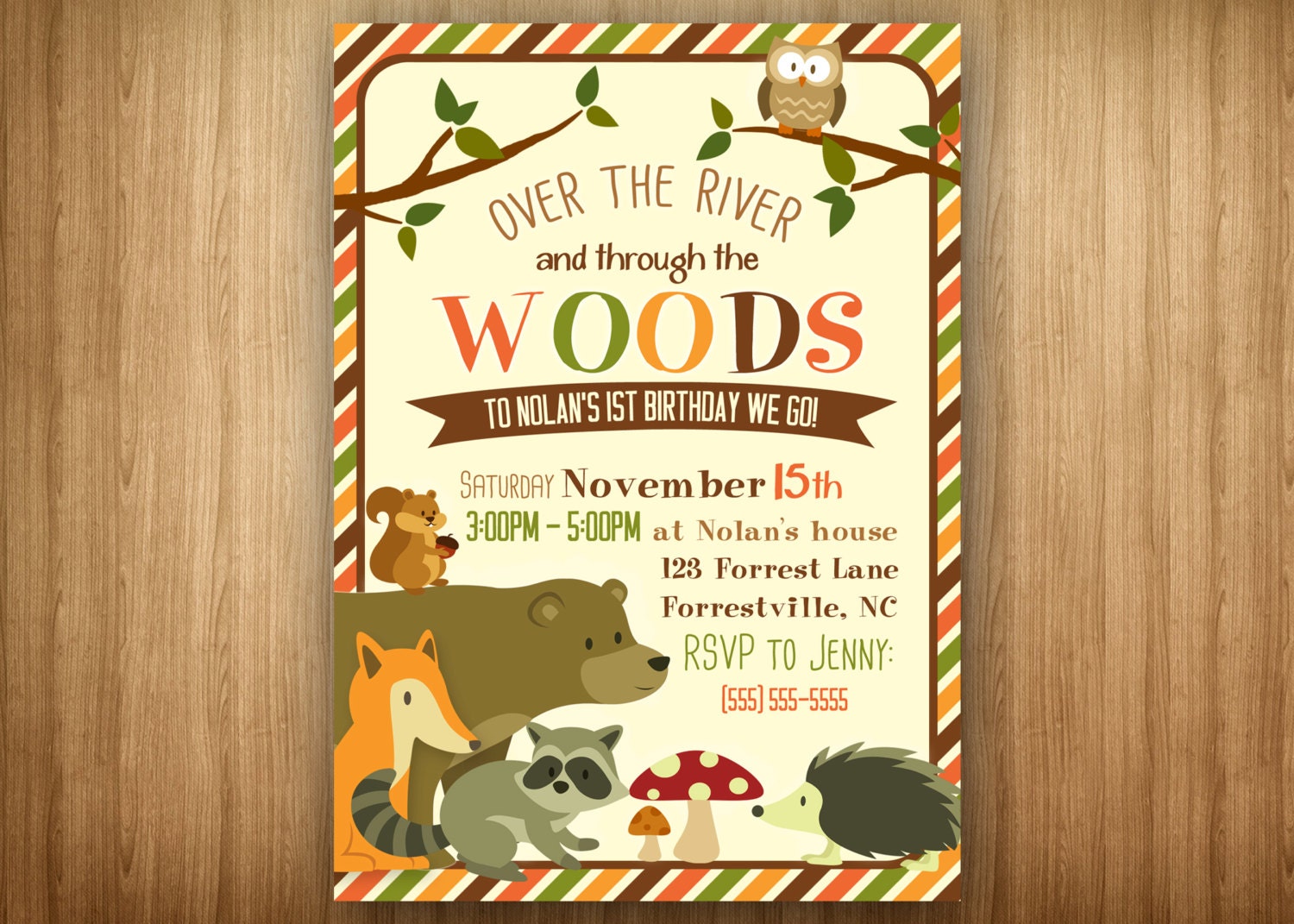 Woodland Forest Animal Birthday Invitation Shower Invitation