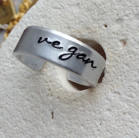 Vegan cuff ring - vegan jewellery - vegan jewelry - unisex vegan - for her - handstamped ring - small medium and large.