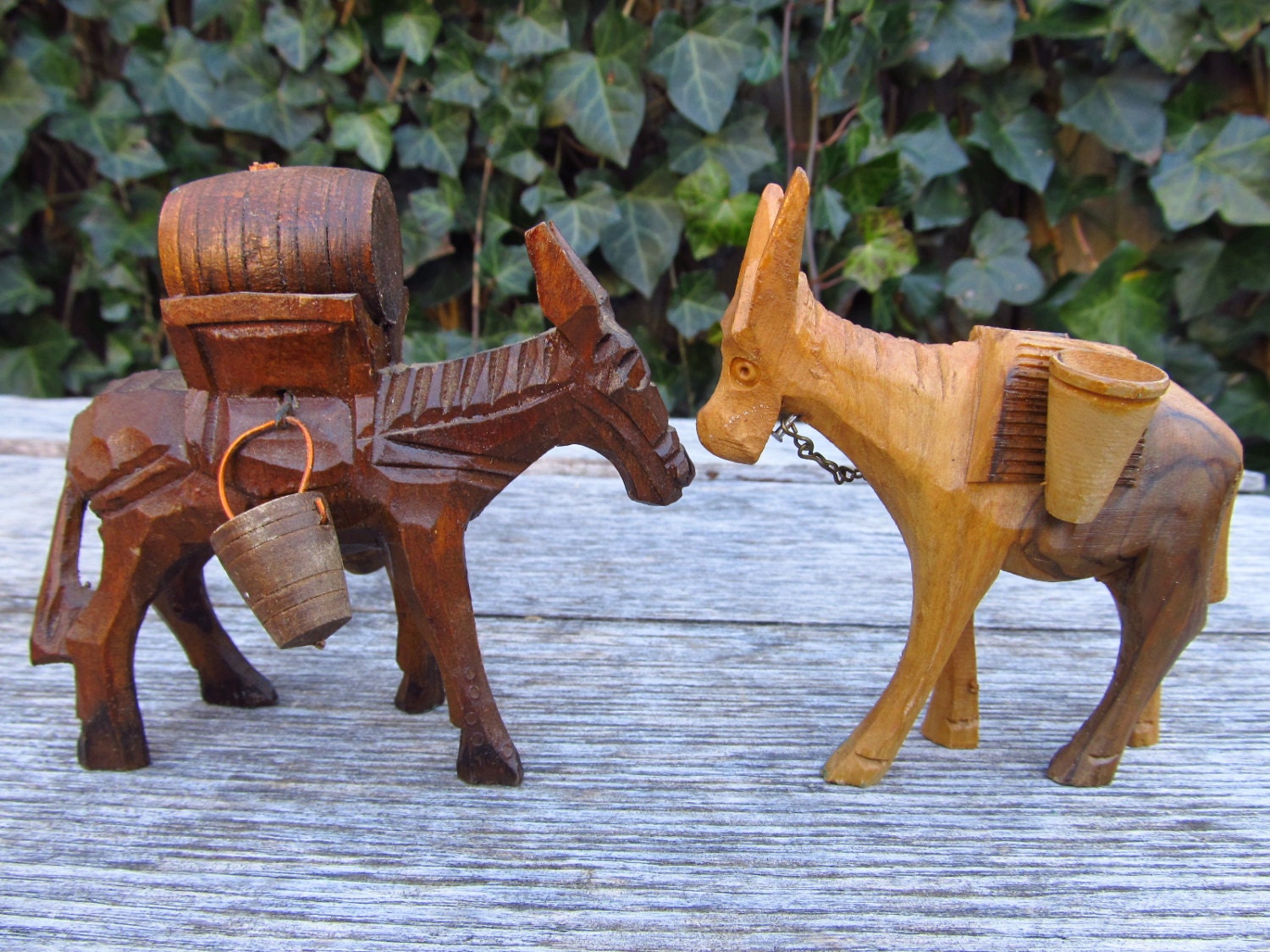 Vintage Carved Wood Donkeys Mules Pack Mule Figures