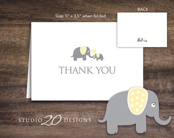 Instant Download Yellow Elephant Thank You Card, Folded Yellow Grey Elephant Baby Shower Thank You Card, Folded Yellow Elephant Card 22F