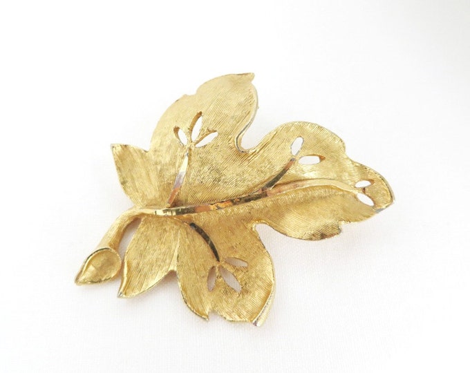 BSK Leaf Brooch, Vintage Goldtone Brooch, Signed BSK Jewelry, Matte Leaf Pin