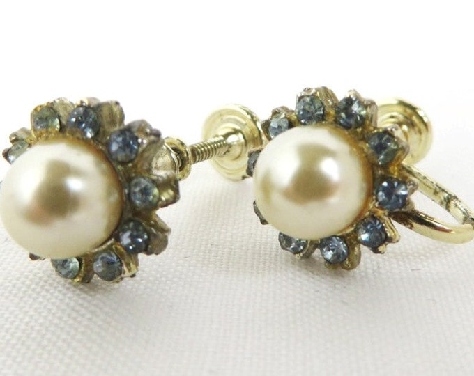 Vintage Faux Pearl Rhinestone Earrings, Silver Tone Screw Back Earrings Bridal Jewelry, Gift for Her