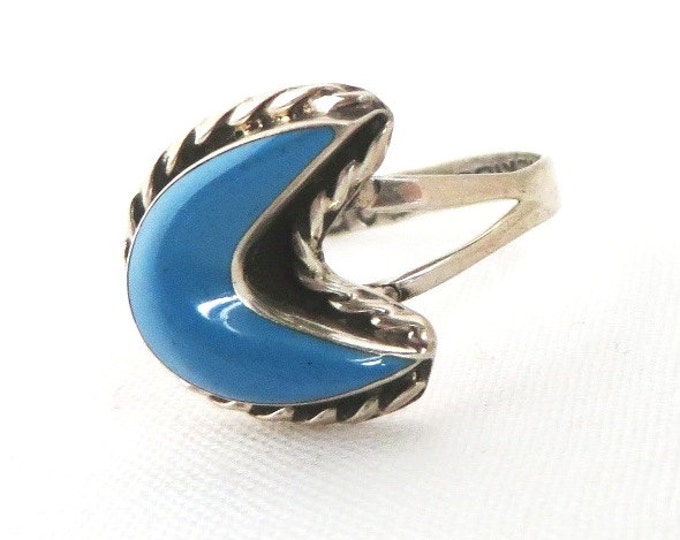 Mexican Turquoise Sterling Silver Ring, Vintage Braided Crescent Ring, Size 7