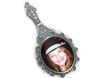 2 Hand Mirror Oval Silver Photo Charm Bezel Blanks for Photo Jewelry Making 70x33mm by TIJC SP0928
