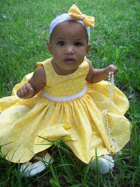 Bright Yellow Baby Girl Dress with Polka Dots and Matching
