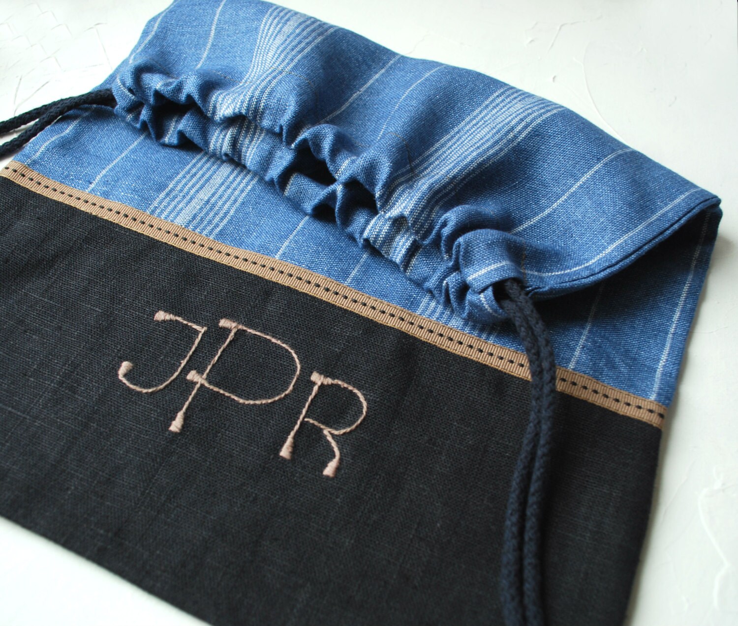 Mens Travel Underwear Bag Navy Blue Linen Drawstring Bag