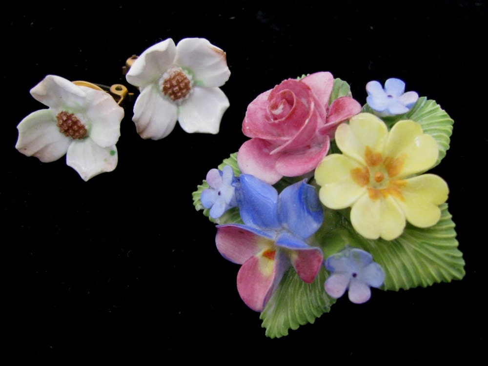 Staffordshire Cara  China Flower  Brooch Pin and Earring Set