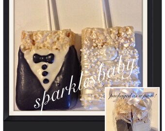 Bride, Groom, Wedding chocolate covered rice krispie treats- set of 12